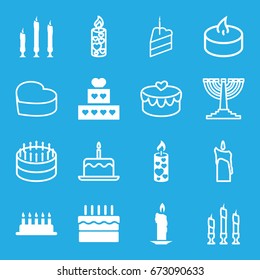 Candle icons set. set of 16 candle filled and outline icons such as cake, heart lock
