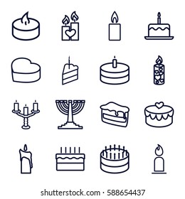 candle icons set. Set of 16 candle outline icons such as cake with one candle, piece of cake, heart lock