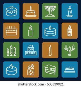Candle icons set. set of 16 candle outline icons such as cake with one candle, piece of cake, heart lock, cake