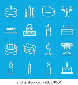 Candle icons set. set of 16 candle outline icons such as cake with one candle, piece of cake