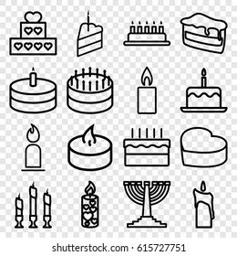 Candle icons set. set of 16 candle outline icons such as piece of cake