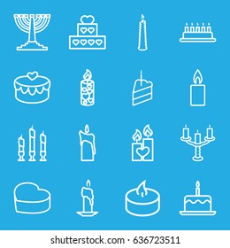 Candle icons set. set of 16 candle outline icons such as cake with one candle, heart cake, heart lock