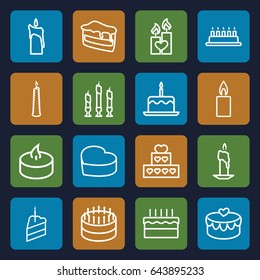 Candle icons set. set of 16 candle outline icons such as piece of cake