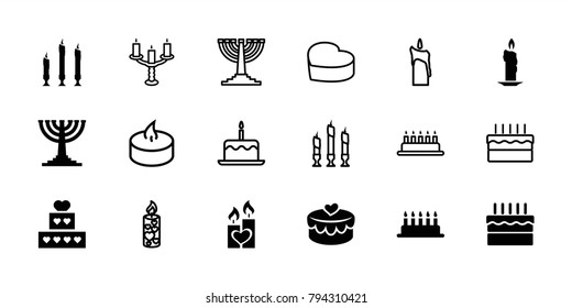 Candle icons. set of 18 editable filled and outline candle icons: cake, candle, heart lock, menorah