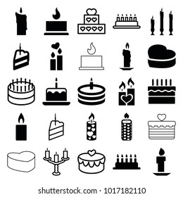 Candle icons. set of 25 editable filled and outline candle icons such as cake with one candle, cake