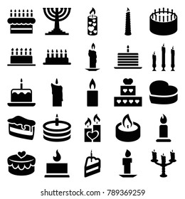 Candle icons. set of 25 editable filled candle icons such as cake with one candle, cake, heart lock