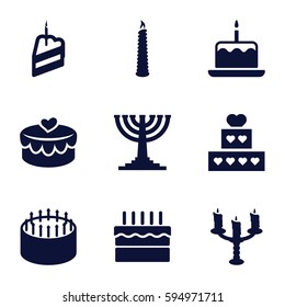 candle icons set. Set of 9 candle filled icons such as cake with one candle, cake, heart lock, piece of cake