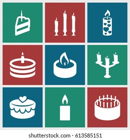 Candle icons set. set of 9 candle filled icons such as cake, candle, heart lock, piece of cake