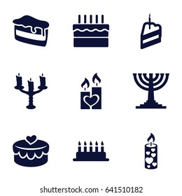 Candle icons set. set of 9 candle filled icons such as piece of cake, candle, heart lock, cake