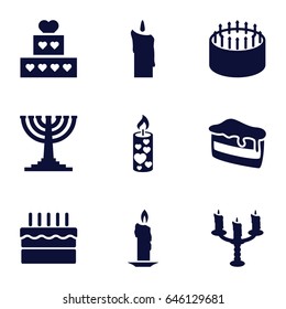 Candle icons set. set of 9 candle filled icons such as cake, piece of cake, candle, candlestick