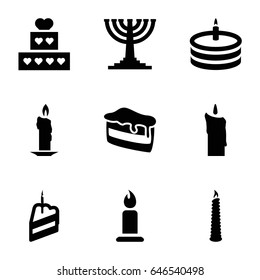 Candle icons set. set of 9 candle filled icons such as candle, piece of cake, cake