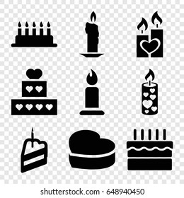 Candle icons set. set of 9 candle filled icons such as heart cake, cake