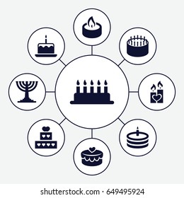 Candle icons set. set of 9 candle filled icons such as cake, heart lock