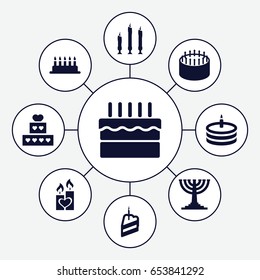 Candle icons set. set of 9 candle filled icons such as cake, piece of cake