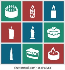Candle icons set. set of 9 candle filled icons such as cake, piece of cake, candle