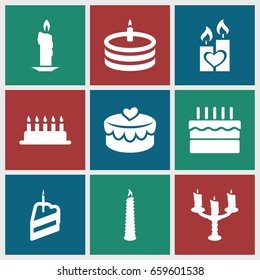 Candle icons set. set of 9 candle filled icons such as heart lock, candle heart, cake