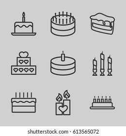 Candle icons set. set of 9 candle outline icons such as piece of cake