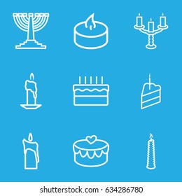 Candle icons set. set of 9 candle outline icons such as heart lock, cake, candle, piece of cake, candlestick