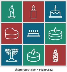 Candle icons set. set of 9 candle outline icons such as heart cake, cake