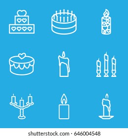 Candle icons set. set of 9 candle outline icons such as candle, heart lock, candlestick