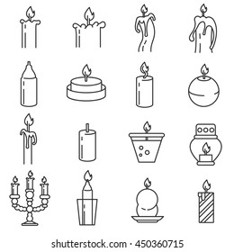 Candle icons set. Candlesticks with candles of various shapes. Thin line design