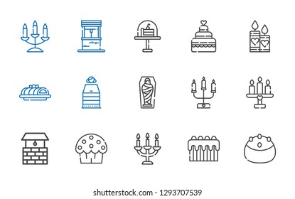 candle icons set. Collection of candle with cake, candelabra, cup cake, well, mummy, sauna, candles, wedding cake. Editable and scalable candle icons.