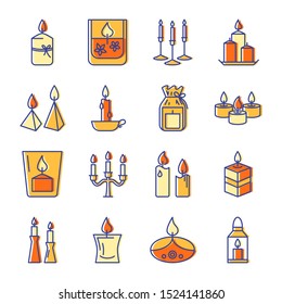 Candle icons set in colored line style isolated on white. Light source with burning flame symbols. Holiday interior decoration. Vector illustration.
