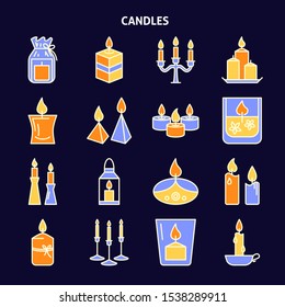 Candle icons set in colored line style on dark background. Light source with burning flame symbols. Holiday interior decoration. Vector illustration.