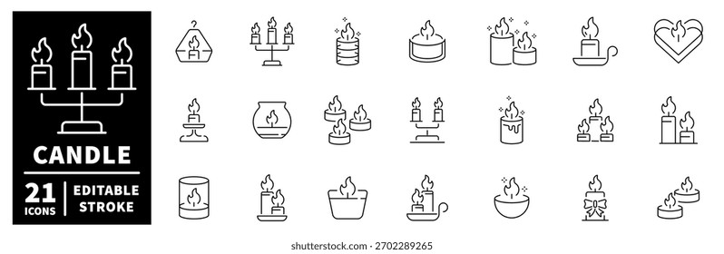 Candle icons set. editable line icons, outline, lighting and wax symbols collection