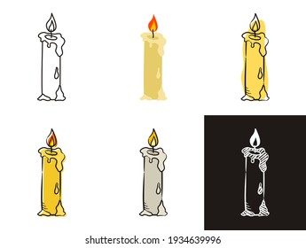 Candle Icons Set Isolated On White Background. Hand-drawn Contour Icon In Doodle Style, Flat And Chalk On A Black Board. Vector Illustration Of Candlelight