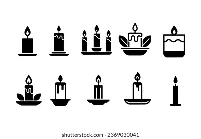 Candle icons set light flame halloween Christmas birthday 