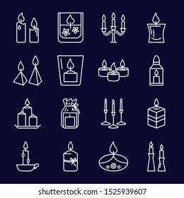 Candle icons set in line style on dark background. Light source with burning flame symbols. Holiday interior decor. Vector illustration.