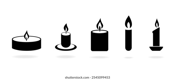 Candle icons set. Candle silhouette. Candles flaming vector.