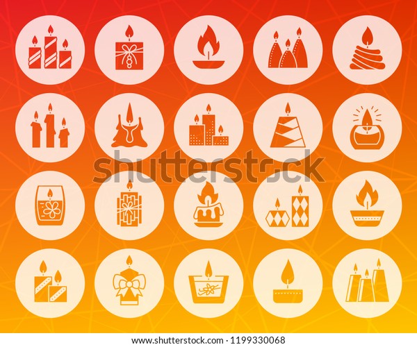 Candle icons set. Web sign kit of church\
decoration. Memorial Fire pictogram collection. Light simple vector\
symbol as flame, burning wick, flash. Icon shape carved from circle\
on colorful background