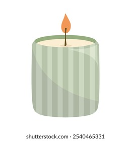 Candle illustration with flame, cozy decor, perfect for wellness, relaxation, spa, meditation, holiday, warmth, spirituality, and celebration themes. Modern colors, vector isolated on white