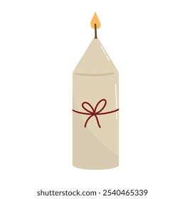 Candle illustration with flame, cozy decor, perfect for wellness, relaxation, spa, meditation, holiday, warmth, spirituality, and celebration themes. Modern colors, vector isolated on white