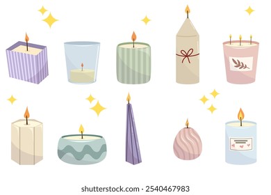 Candle illustration set with flame, cozy decor, perfect for wellness, relaxation, spa, meditation, holiday, warmth, spirituality, and celebration themes. Modern colors, vector isolated on white