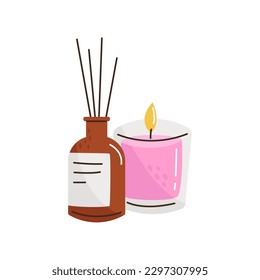 Candle and incense sticks. Self care concept. Flat vector illustration isolated on white background.