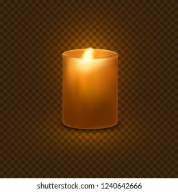 Candle isolated on a transparent background. Aromatic wax round spa candle with burning flame light. Vector 3D realistic candlelight element design.