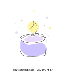 Candle, isolated on white. Vector illustration, one line art, outline. Colorful with black contour and bright aroma bubbles. Decor, decorative element.