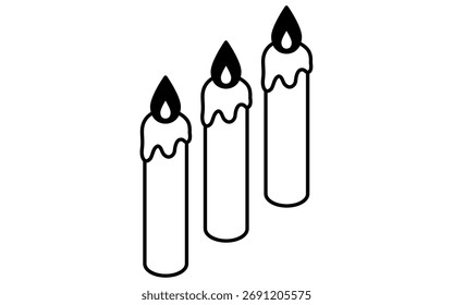 Candle Isometric Line Drawing Icon Illustration of a Burning Christmas or Holiday Candle, black and white, Vector Illustration