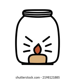 Candle in a jar doodle. Hand drawn isolated cozy candle, night light. Vector autumn illustration clip art