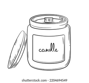 A candle in a jar with a hand-drawn inscription on the label. Line drawing of a simple candle in a glass holder with a wooden wick. Doodle sketch style. Isolated vector illustration in a linear style.