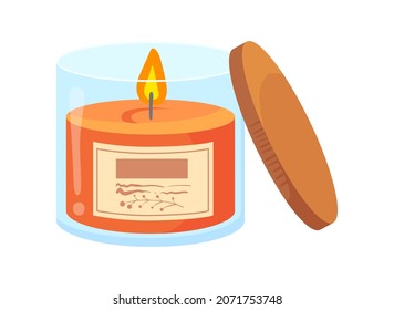 Candle in jar with lid. Flame of aromatic memorial, vector illustration isolated on white background