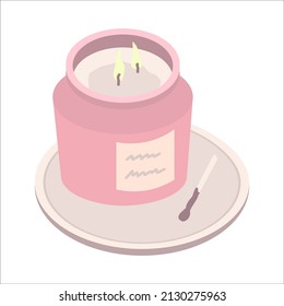 candle in a jar in pink on a saucer