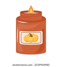 Candle in jar with scent of autumn and pumpkin pie. Scented candlelight with flame exudes cozy relax atmosphere Aromatherapy, relaxation, home decoration. Flat vector illustration isolated on white