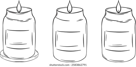 Candle jar set isolated on white background. Minimal Vector hand-drawn illustration in doodle style. Suitable for cards, logos, decorations.