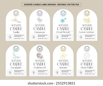 Candle label design Vanilla Lavender Cinnamon candle Ocean Breeze Lemon Verbena Eucalyptus Cedarwood candle Jasmine Clean Cotton editable label file scented candle illustration template