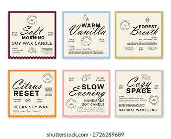 Plantillas de etiquetas de velas que muestran diferentes aromas y mezclas para diferentes sentimientos