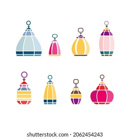 candle lamps flashlight flat with blue, yellow and pink colors vector isolated illustration set